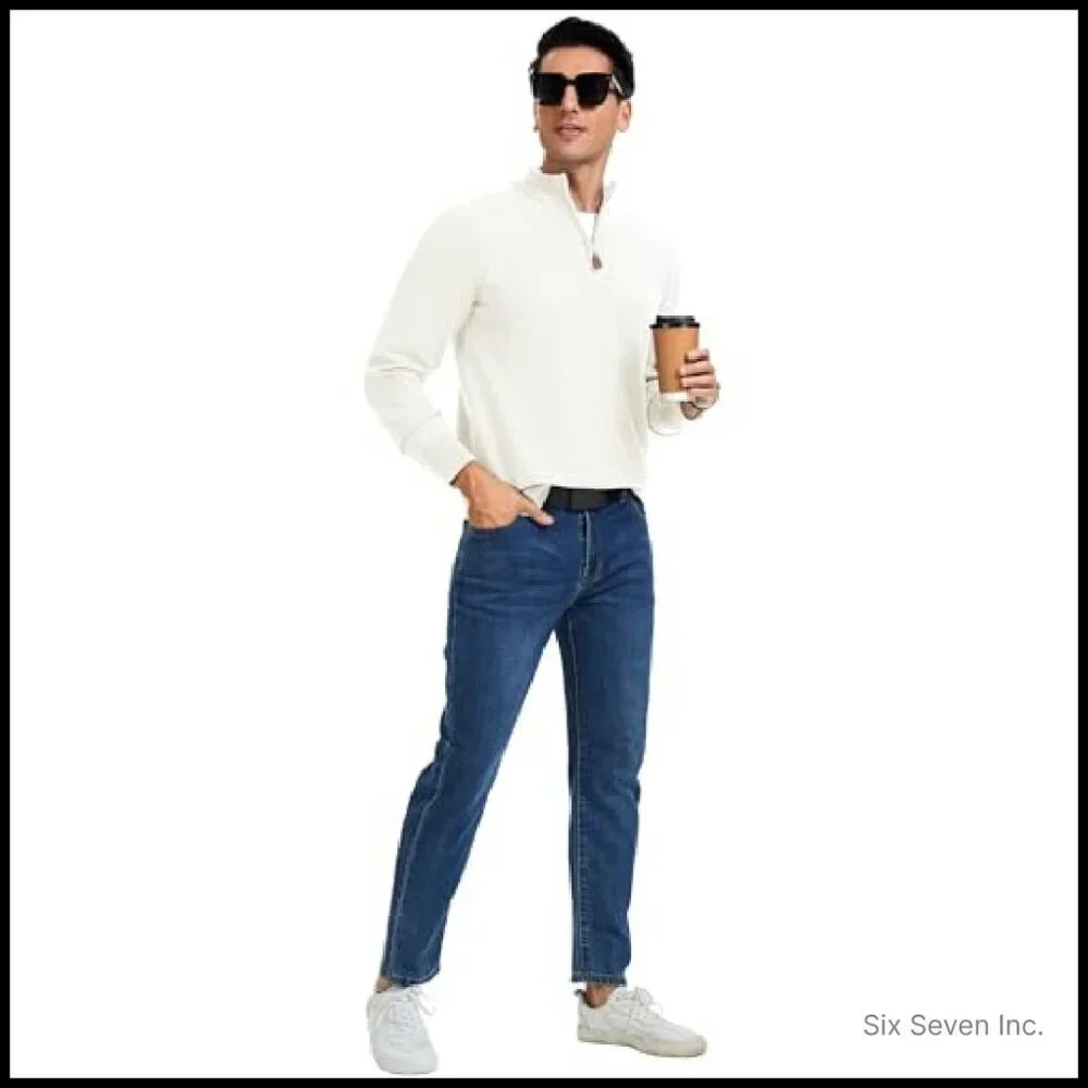 Slim Fit Quarter Zip Pullover Mock Neck Knit Sweater Business Casual Elegant